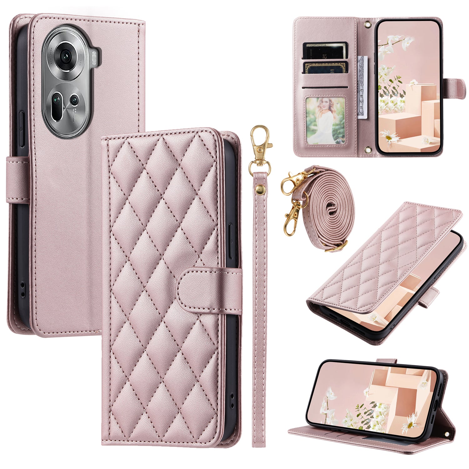 For Oppo Reno11 Pro 5G (Global) Case Chic Rhombus PU Leather Phone Cover with Shoulder Strap For Oppo Reno11 Pro 5G (Global) Case Chic Rhombus PU Leather Phone Cover with Shoulder Strap